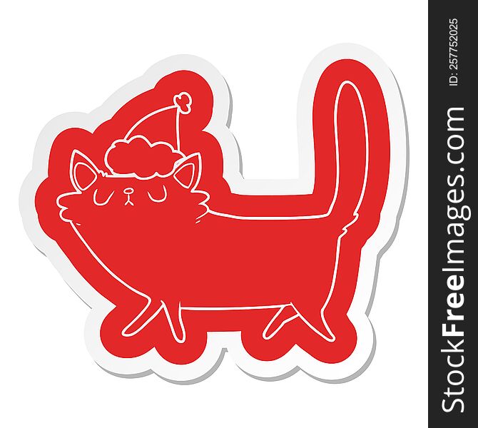Cartoon  Sticker Of A Black Cat Wearing Santa Hat