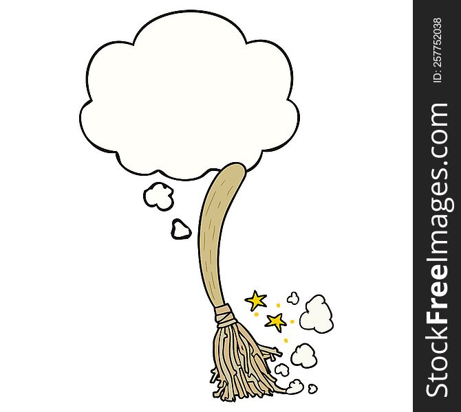 cartoon magic broom with thought bubble. cartoon magic broom with thought bubble