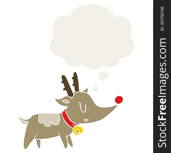 cartoon christmas reindeer with thought bubble in retro style