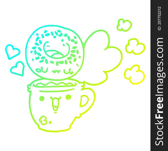 cold gradient line drawing cute cartoon donut and coffee