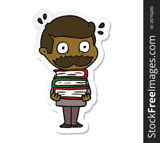 sticker of a cartoon man with mustache and books