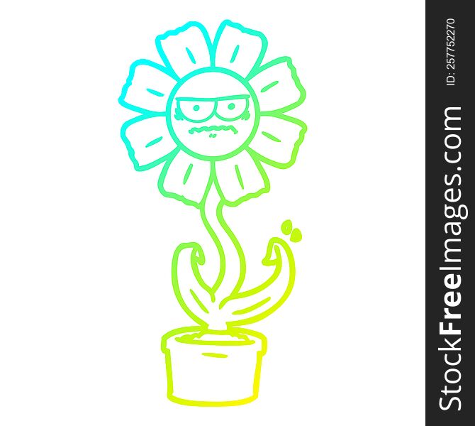 cold gradient line drawing of a angry cartoon flower