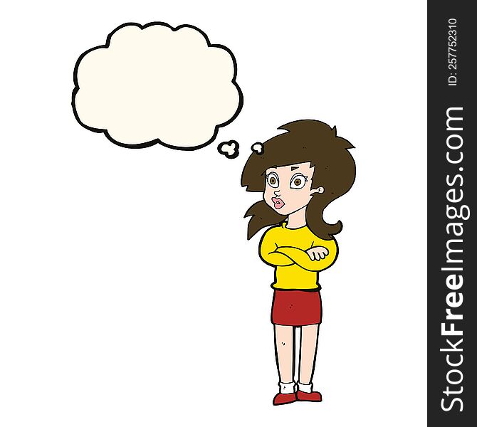 cartoon woman with folded arms with thought bubble