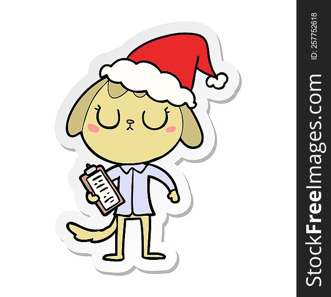 Cute Sticker Cartoon Of A Dog Wearing Office Shirt Wearing Santa Hat
