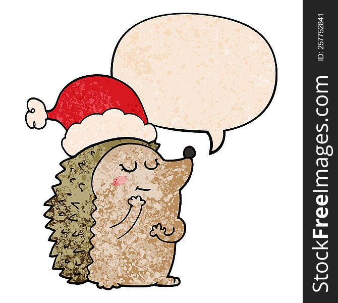 Cartoon Hedgehog Wearing Christmas Hat And Speech Bubble In Retro Texture Style