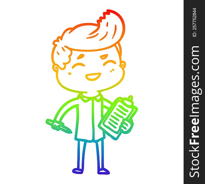 rainbow gradient line drawing of a cartoon laughing salesman