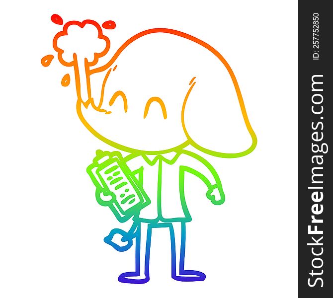 rainbow gradient line drawing of a cute cartoon elephant spouting water