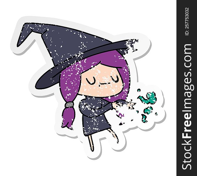 distressed sticker cartoon of cute kawaii witch