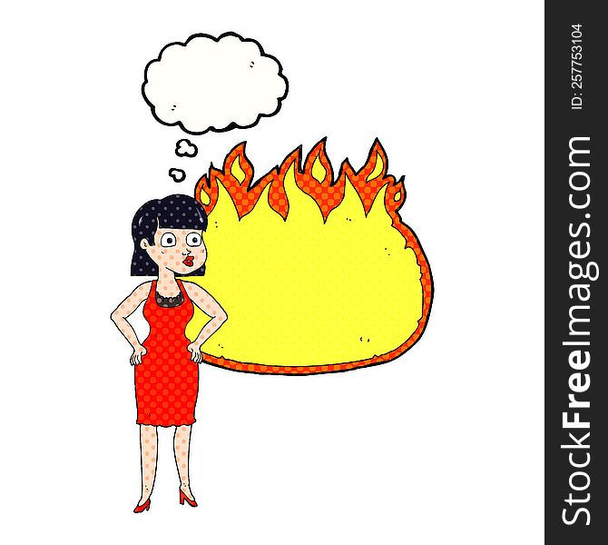 freehand drawn thought bubble cartoon woman in dress with hands on hips and flame banner