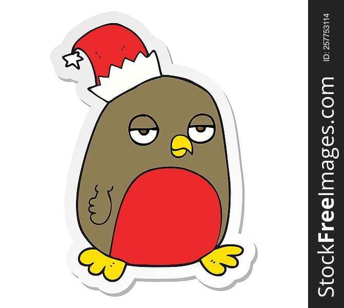 Sticker Of A Cartoon Christmas Robin Wearing Santa Hat