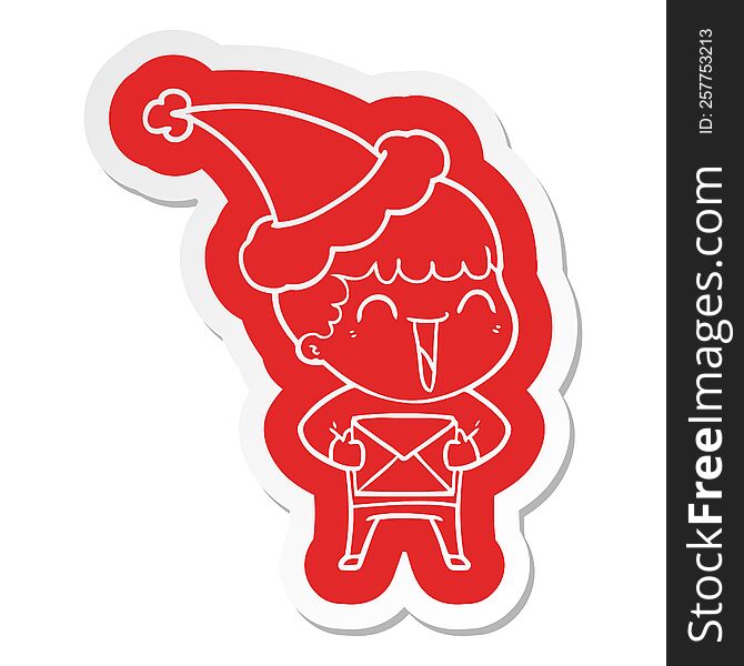 quirky cartoon  sticker of a happy man wearing santa hat