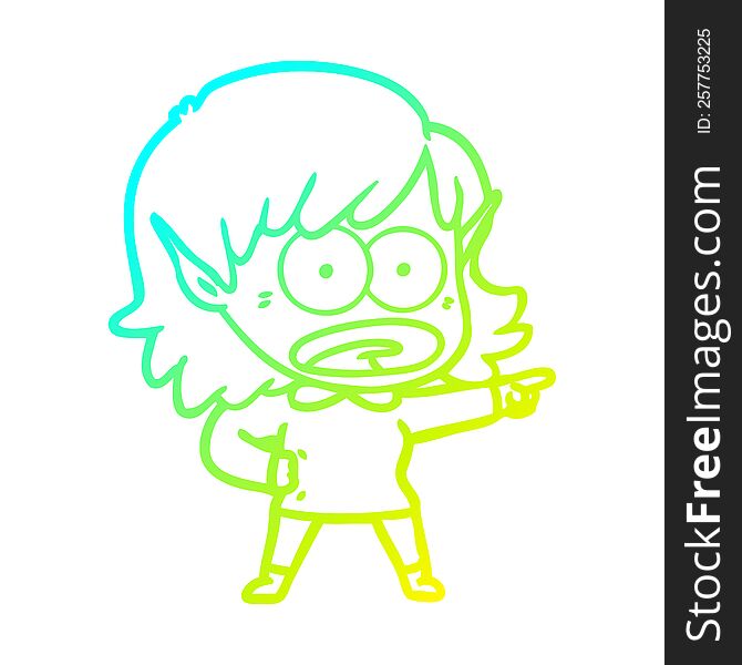 cold gradient line drawing of a cartoon shocked elf girl pointing