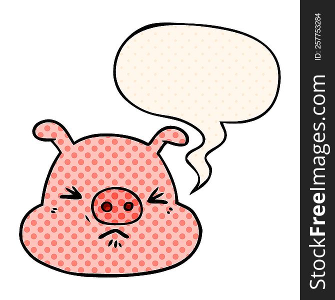 cartoon angry pig face with speech bubble in comic book style