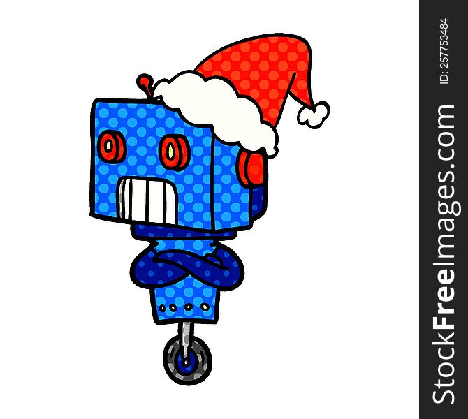 Comic Book Style Illustration Of A Robot Wearing Santa Hat