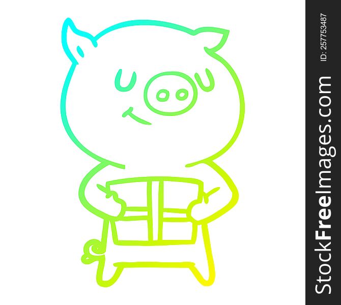cold gradient line drawing of a happy cartoon pig with christmas present