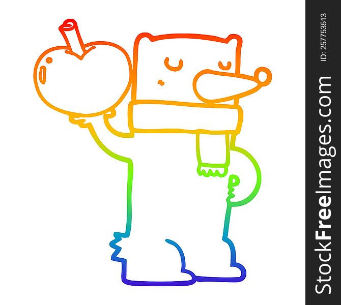 Rainbow Gradient Line Drawing Cartoon Bear With Apple