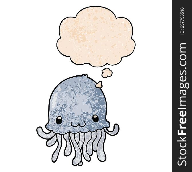 cartoon jellyfish with thought bubble in grunge texture style. cartoon jellyfish with thought bubble in grunge texture style