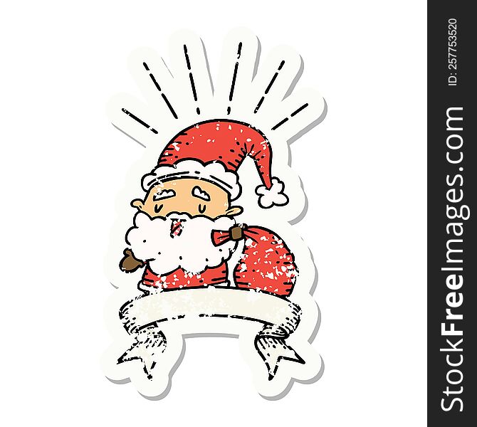 grunge sticker of tattoo style santa claus christmas character with sack