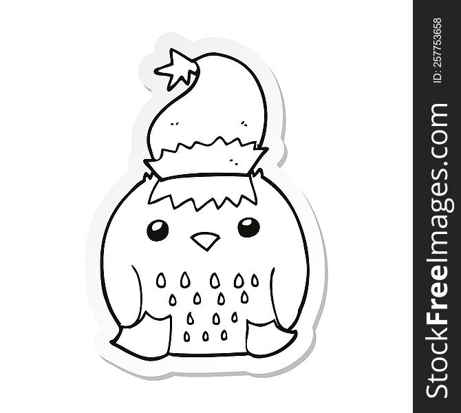 Sticker Of A Cute Cartoon Owl Wearing Christmas Hat