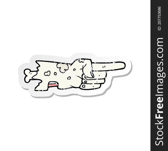 retro distressed sticker of a cartoon pointing zombie hand