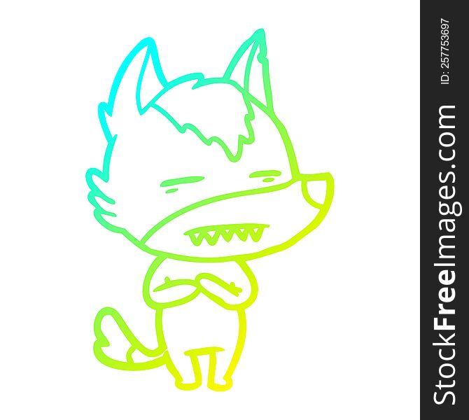 Cold Gradient Line Drawing Cartoon Wolf Showing Teeth