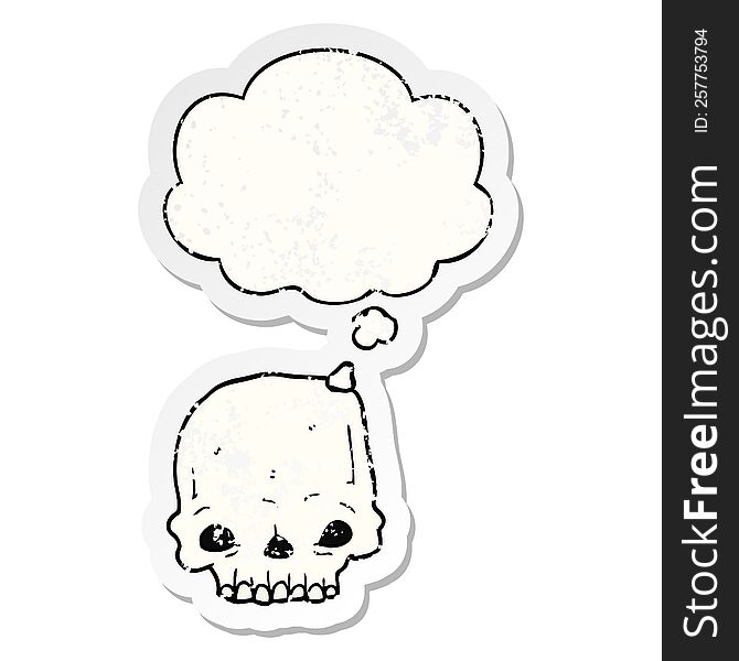 Cartoon Spooky Skull And Thought Bubble As A Distressed Worn Sticker