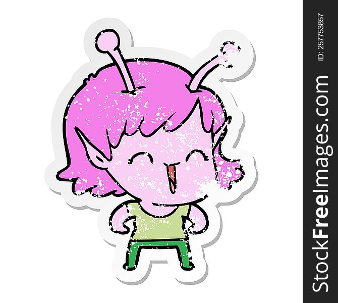 distressed sticker of a cartoon alien girl laughing