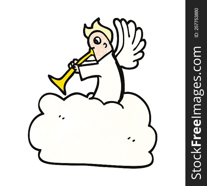 cartoon doodle angel on cloud with trumpet