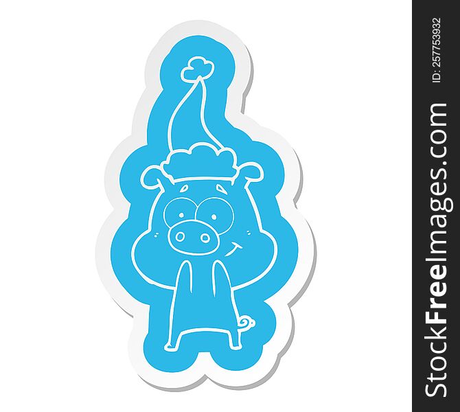 happy quirky cartoon  sticker of a pig wearing santa hat