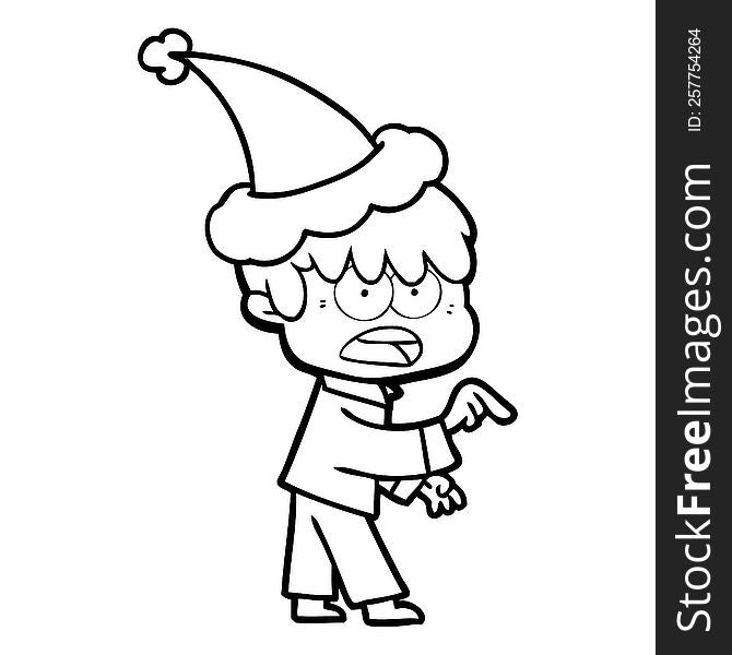worried hand drawn line drawing of a boy wearing santa hat. worried hand drawn line drawing of a boy wearing santa hat