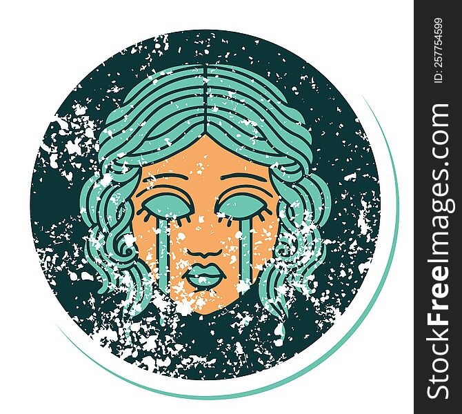 distressed sticker tattoo style icon of female face crying