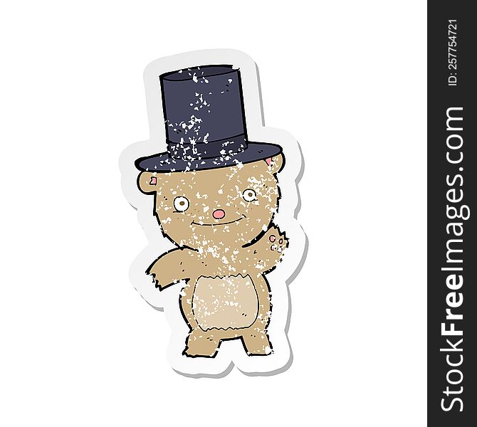 Retro Distressed Sticker Of A Cartoon Bear In Top Hat