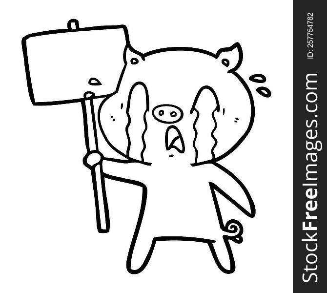 crying pig cartoon with protest sign. crying pig cartoon with protest sign