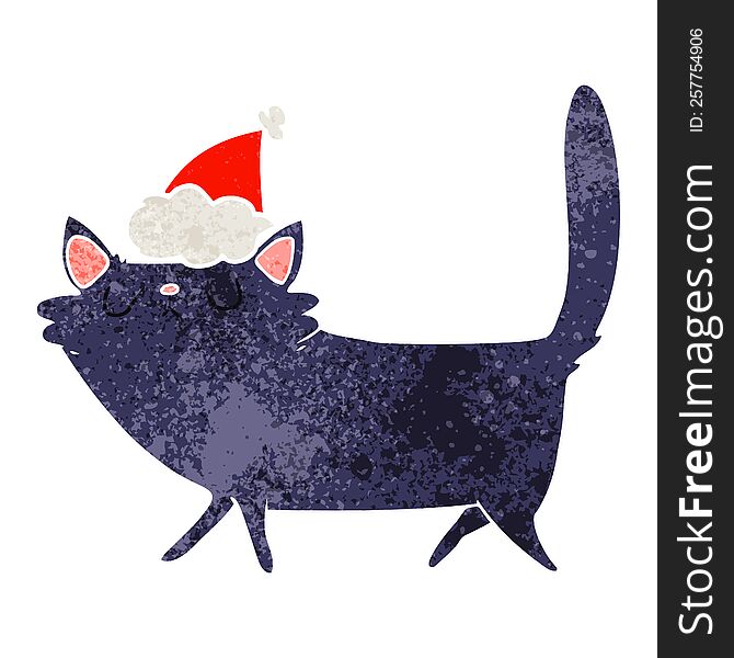 Retro Cartoon Of A Black Cat Wearing Santa Hat