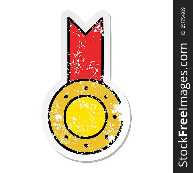 distressed sticker of a cute cartoon gold medal