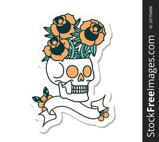tattoo style sticker with banner of a skull and roses