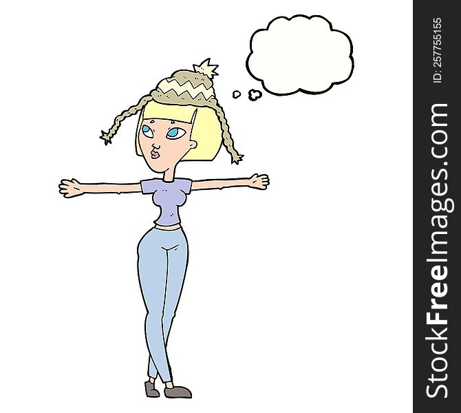 freehand drawn thought bubble cartoon woman wearing hat