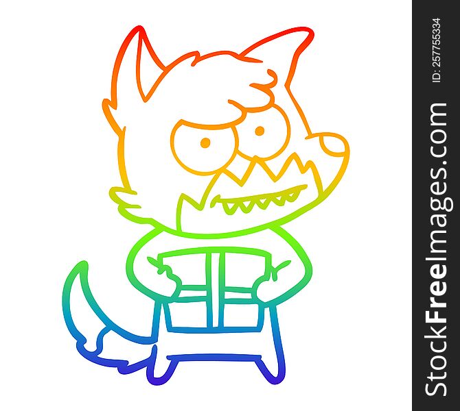 rainbow gradient line drawing of a cartoon grinning fox with present