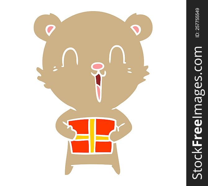 happy flat color style cartoon bear with christmas gift