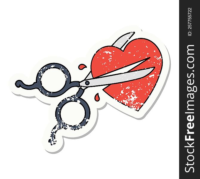 traditional distressed sticker tattoo of scissors cutting a heart