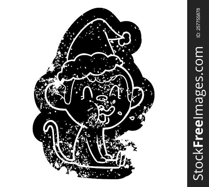 crazy quirky cartoon distressed icon of a monkey sitting wearing santa hat