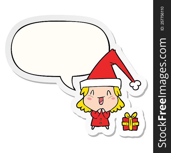 cartoon girl wearing christmas hat with speech bubble sticker