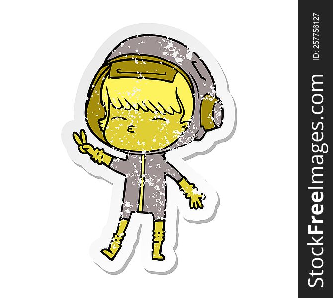 distressed sticker of a cartoon spacegirl making peace sign