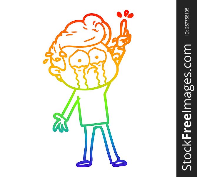 rainbow gradient line drawing of a cartoon crying man trying to ask a question