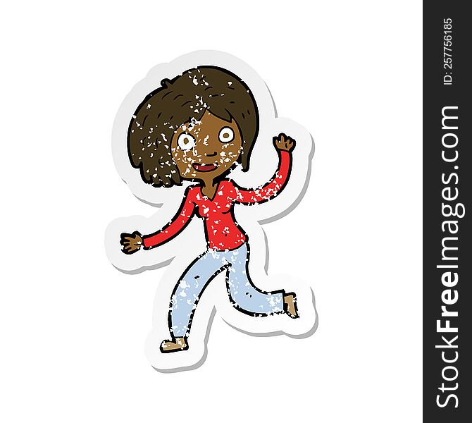 retro distressed sticker of a cartoon happy waving girl
