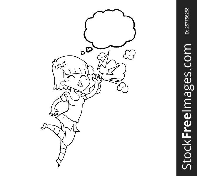 freehand drawn thought bubble cartoon vampire girl flying