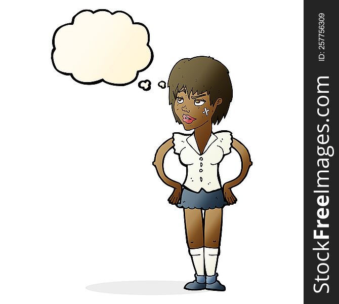 Cartoon Tough Woman With Hands On Hips With Thought Bubble