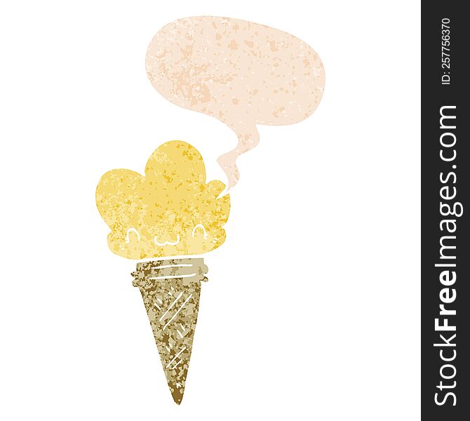 cartoon ice cream with face with speech bubble in grunge distressed retro textured style. cartoon ice cream with face with speech bubble in grunge distressed retro textured style