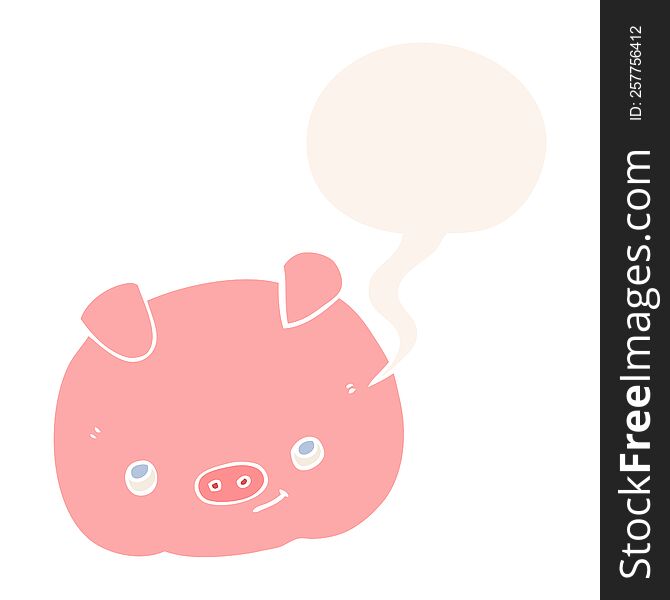 cartoon happy pig with speech bubble in retro style