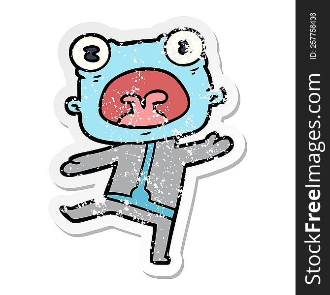 Distressed Sticker Of A Cartoon Weird Alien Communicating
